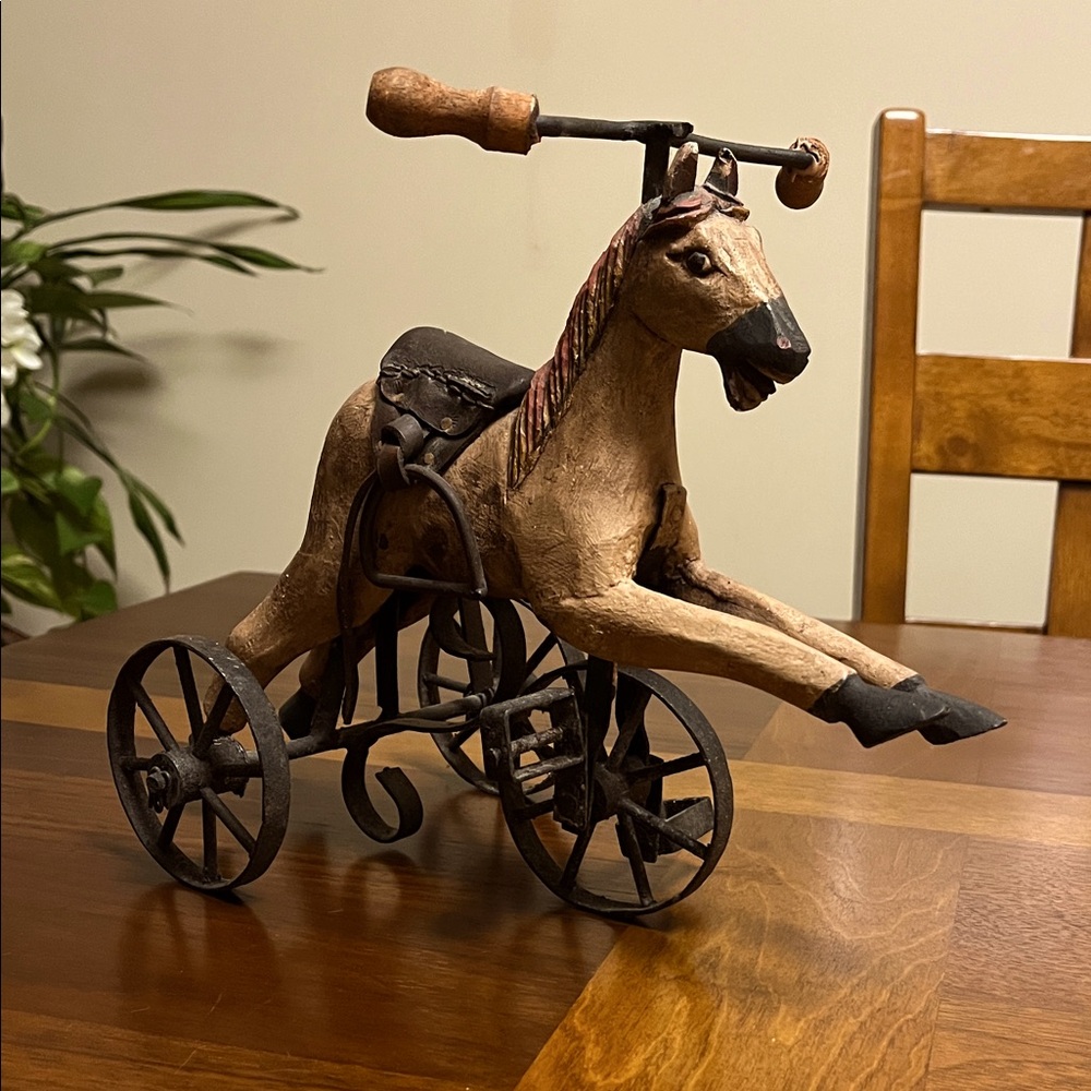 Vintage Horse Tricycle Sculpture, leather/ wood/metal